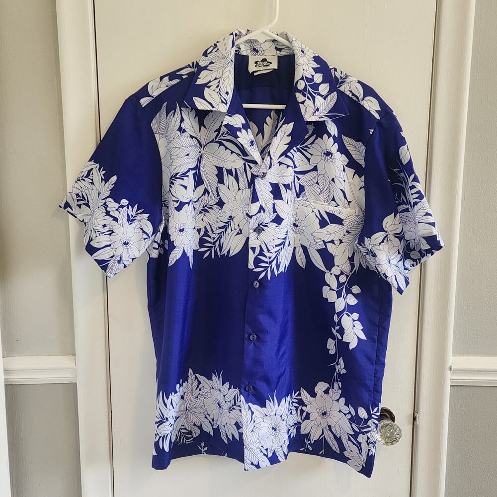 Hilo Hattie Men's Large Hawaiian Shirt Blue White Floral Pattern Made In Hawaii